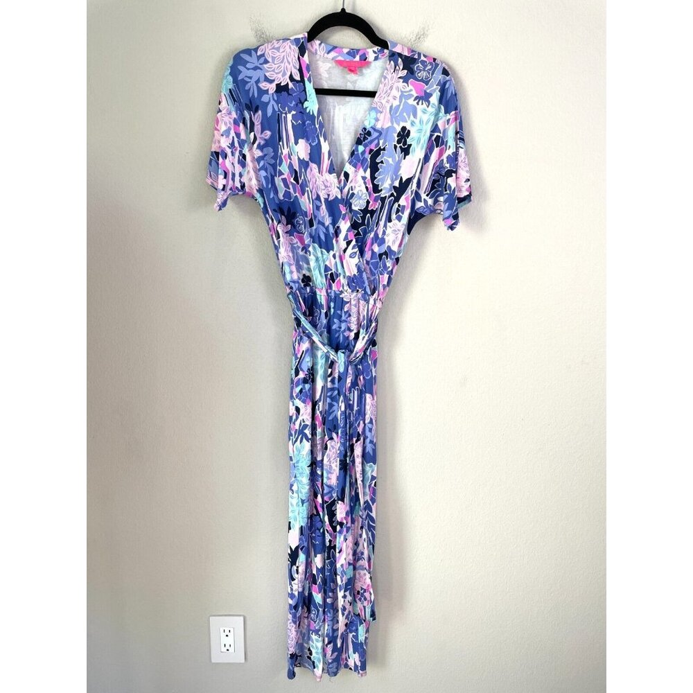 Lilly Pulitzer Blue Floral Wrap Jumpsuit with Pink & Mint Accents